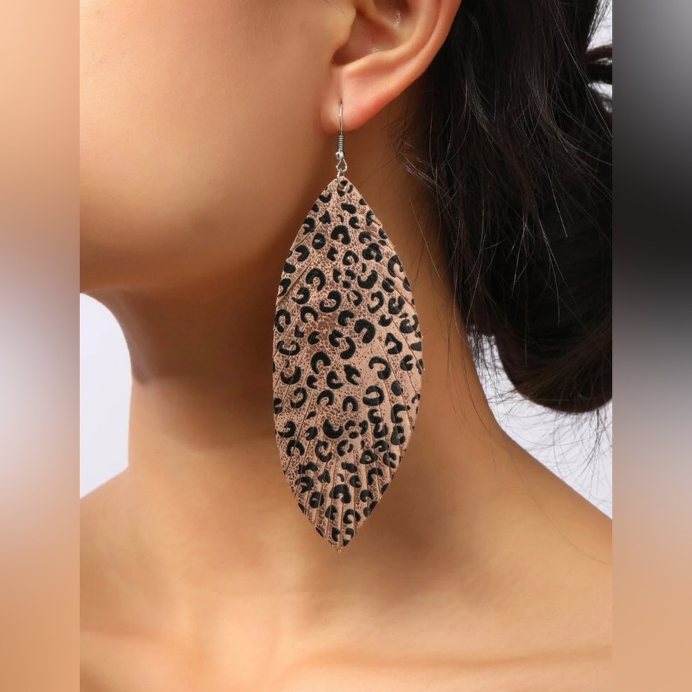 Leopard Pattern Leaf Shaped Drop Earrings - Picture 1 of 3